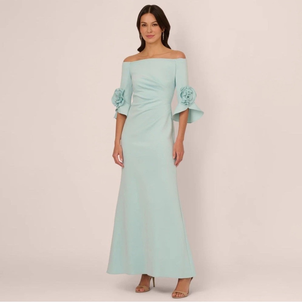 Adrianna Papell Aqua Off-Shoulder Gown Bell Sleeves Size 8 & 10 Mother of Groom